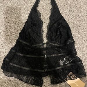 SHEIN Black Lace Halter Babydoll Chemise with Strap Details